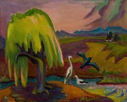 Maggie Laubser; Landscape with Tree, Birds and Distant House