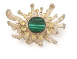 Silver, gold and malachite brooch, Erich Frey, 1970s