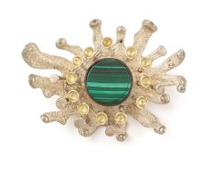 Silver, gold and malachite brooch, Erich Frey, 1970s