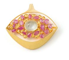 Gold, ruby and moonstone pendant brooch, Erich Frey, 1970s