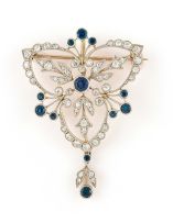 Diamond, sapphire, platinum and gold brooch/pendant, circa 1900