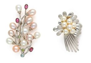 Pearl and silver spray brooch