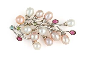 Pearl and silver spray brooch