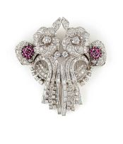 Diamond, ruby and platinum double-clip brooch, 1950s