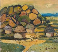 Pranas Domsaitis; Huts in a Rural Landscape