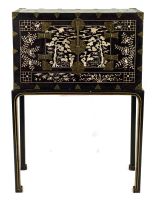 A Korean mother-of-pearl-inlaid lacquered cabinet, Choson Period, 19th century, on later stand