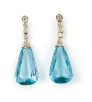 Pair of aquamarine, diamond and platinum pendant earrings