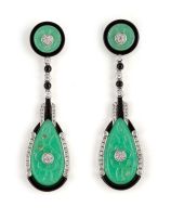 Pair of jade, onyx, diamond and white gold pendant earrings, modern