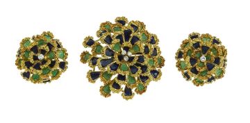 Pair of Italian enamel, gold and diamond earclips and a brooch, 1970s
