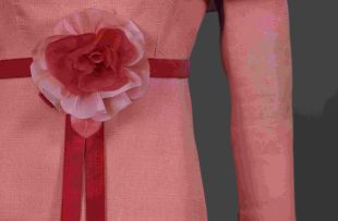 A strawberry pink pure silk gazar evening gown