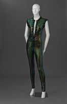 A cat suit in iridescent green stretch sequin fabric