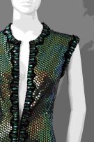 A cat suit in iridescent green stretch sequin fabric