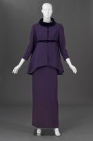 A violet coloured double crepe empire line gala gown and jacket