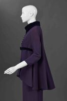 A violet coloured double crepe empire line gala gown and jacket