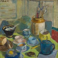Freida Lock; Still Life with Tea Setting and Paint Brushes