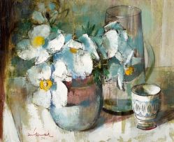 Irmin Henkel; Still Life with Daisies and Vessels