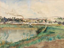 Maud Sumner; Landscape with Dam and Smoke Stack in the Distance