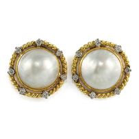 Pair of mabé pearl and diamond earclips, Peter Gilder, modern