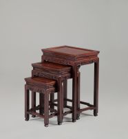 A nest of three Chinese hardwood and burr-elm tables, mid 20th century