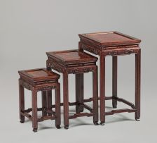 A nest of three Chinese hardwood and burr-elm tables, mid 20th century
