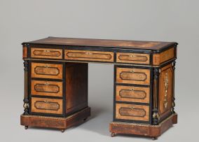 A Victorian walnut, satinwood, mahogany and ebonized gilt-metal-mounted pedestal desk, Edwards & Roberts, Wardour St, London, mid 19th century
