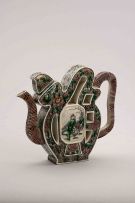 A Chinese Famille-Verte biscuit puzzle teapot and cover, Qing Dynasty, 19th century