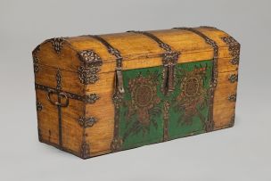 An oak iron-mounted and painted kist, 18th century, probably German