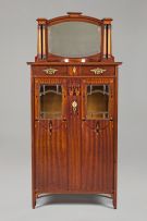 An Arts and Crafts mahogany, rosewood, walnut and mother-of-pearl inlaid side cabinet, late 19th century