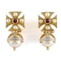 Pair of pearl, ruby, seed pearl and diamond earclips, Jenna Clifford, modern