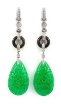 Pair of jade, onyx and diamond pendant earrings