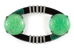 Jade, onyx, diamond and enamel brooch, after a design by Boucheron