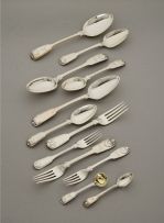 An assembled set of silver Fiddle, Thread and Shell pattern flatware, various makers and dates, London, 1811-1911