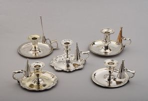 A collection of five silverplate candlesticks, 19th century