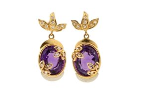 Pair of amethyst, diamond, white and yellow gold pendant earrings