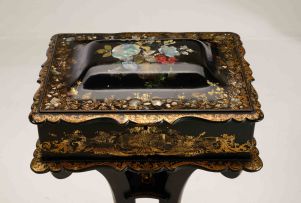 A Victorian papier-mâché and mother-of-pearl inlaid work box on later stand