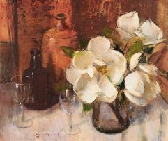 Irmin Henkel; Still Life with Magnolias, Bottles and Wine Glasses