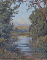 Erich Mayer; River Landscape, Mountains Beyond
