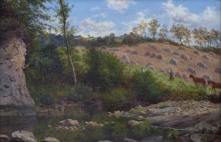 Thomas J. Banks; Landscape with a Stream and Harvesters Working in a Field Beyond