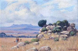 Willem Hermanus Coetzer; Extensive Landscape with a Rocky Outcrop, Figures and Huts Beyond