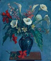 Alfred Neville Lewis; Still Life with Arum Lilies, Daffodils and Hibiscus