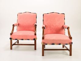 A pair of George III style mahogany open armchairs, modern