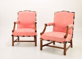 A pair of George III style mahogany open armchairs, modern