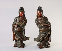 A pair of Chinese lacquered wood figures of Guanyin