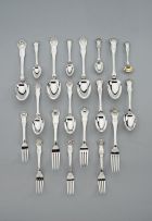 An assembled set of King's Husk and Hourglass pattern silver flatware, various makers and dates, London, 1812-1916