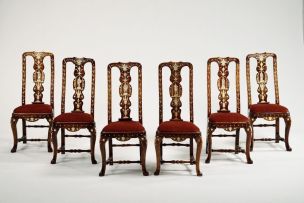 A set of six walnut, fruitwood and ivory-inlaid side chairs, probably Indo-Portuguese, 18th century