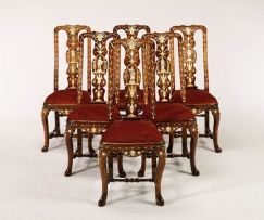 A set of six walnut, fruitwood and ivory-inlaid side chairs, probably Indo-Portuguese, 18th century