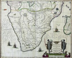 Blaeu, Joan; The hand coloured map bears a large title piece with a cartouche of native huntsmen, monkeys and tortoises. Depicts Southern Africa from the Cape of Good Hope to the Congo on the left and Mozambique on the right. Hand coloured. Sources: Grooten Atlas Volume 8, first edition and Norwich-Stone, Maps of Africa, pages 174/175, map No. 154