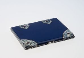 French Art Deco silver, coquille d'oeuf and blue lacquer ruby-mounted cigarette case