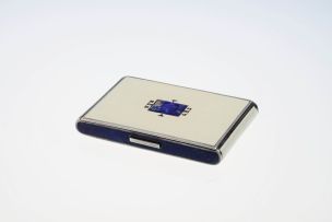 Art Deco white lacquer, lapis lazuli and silver card case, with import marks for London, Stockwell & Co, 1930