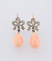 Pair of coral and diamond pendant earrings, Nigel Milne Ltd
